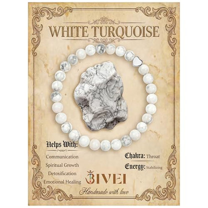Bivei Crystal Stretch 6mm Bracelets for Women | Handmade Natural Stone Beaded Stretch Bracelet, Stainless Steel Heart Bead, Tranquility Yoga Gift Jewelry for Women - color: White Turquoise - Stabilizing