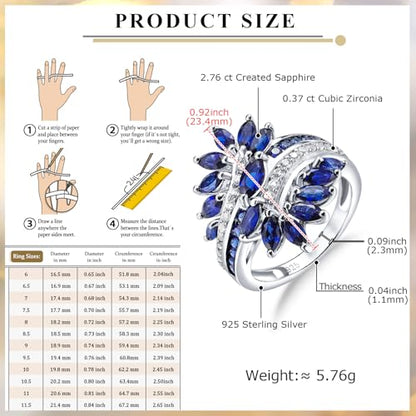 Statement Flower Ring Cocktail Leaf Ring Birthstone Anniversary Signet Ring | Hypoallergenic|14K Gold Plated|Sterling Silver Sparkling Engagement Promise Party Ring for Women, Size 6 to 10(With Box) - color: Leaf - Sapphire