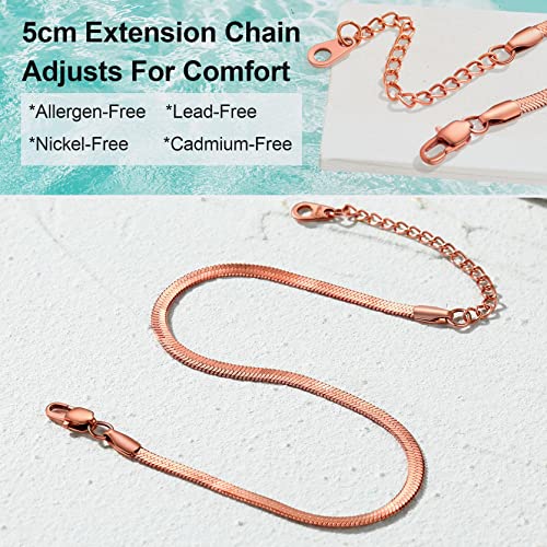 Adjustbale Link Chain Anklet for Women Summer Jewelry, 316L Stainless Steel Figaro/Wheat/Twist Rope/Cuban Foot Bracelet-Waterproof, Resizable 9"-12" (Gift Box Included) - color: 6, Herringbone - Rose Gold-3mm