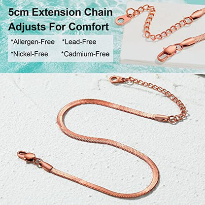 Adjustbale Link Chain Anklet for Women Summer Jewelry, 316L Stainless Steel Figaro/Wheat/Twist Rope/Cuban Foot Bracelet-Waterproof, Resizable 9"-12" (Gift Box Included) - color: 6, Herringbone - Rose Gold-3mm