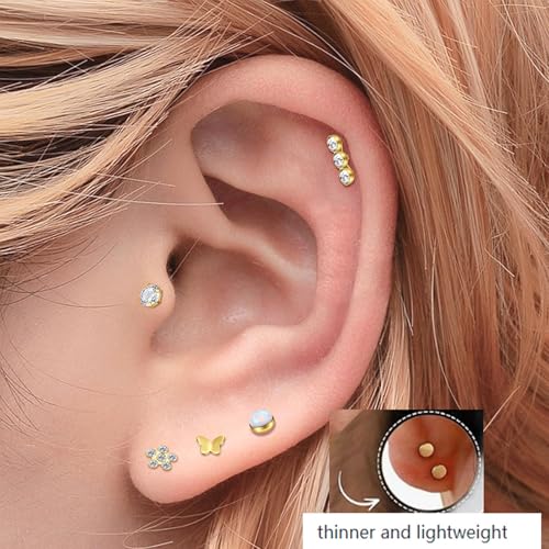 Zolure 18G/20G Flat Back Earrings Stud Threadless Nose Studs Surgical Steel Push in Earrings Tragus Cartilage Labret Helix Lip Conch Medusa Piercing Jewelry - color: 18G Gold #4
