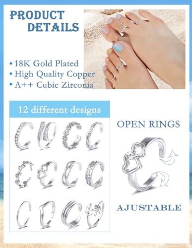 Akeoqi 12PCS 18K Gold Plated Toe Rings CZ Daisy Flower Leaf Heart Knot Band Open Tail Ring Beach Foot Jewelry Sets For Women Men Gold Silver Tone - color: B: Silver