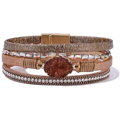 Boho Leather Wrap Bracelets Beaded Stackable Cuff Bracelet Country Concert Outfits Cowboy Cowgirl Western Jewelry Gifts for Women - color: Stone-Brown