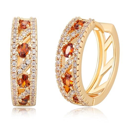 Dremmy Studios Dainty CZ Huggie Hoop Earrings 14K Gold Plated Chunky Simple Cute Thick Round Frill Bead Ball Starburst Cuff Earrings Cubic Zirconia Hoop Earrings Minimalist Personalized Gift for Her - color: White & Red CZ