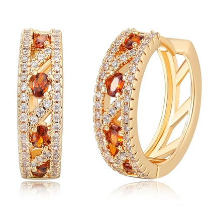 Dremmy Studios Dainty CZ Huggie Hoop Earrings 14K Gold Plated Chunky Simple Cute Thick Round Frill Bead Ball Starburst Cuff Earrings Cubic Zirconia Hoop Earrings Minimalist Personalized Gift for Her - color: White & Red CZ