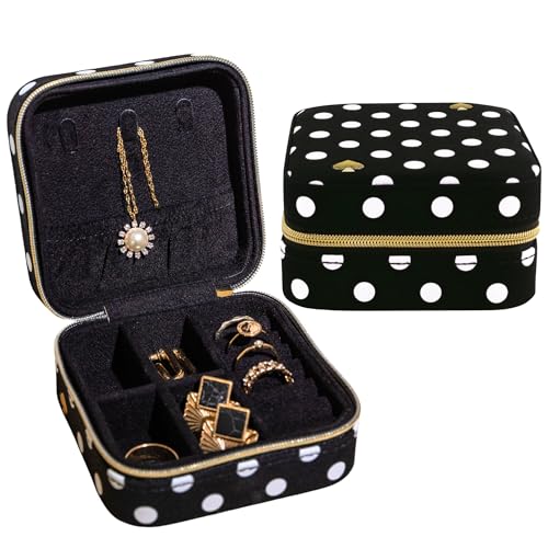 kate spade new york Travel Jewelry Case, Polka Dot | Small Square Case, Black and White Dotted Jewelry Box Organizer for Rings, Necklaces, Earrings On-the-Go with Zipper Closure