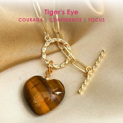 Gempires Gemstone Heart Pendant Necklace for Women, Gold Toggle Birthstone | Handmade gemstone heart pendant necklace — choose from 11 stones and birthstones, gold toggle paperclip chain. - color: Tiger Eye