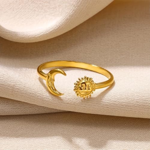 Sun and Moon Rings Stainless Steel Crescent Sun Rings for Women Gold Open Ring Middle Index Finger Jewelry Gift - color: A-Gold Sun&Moon