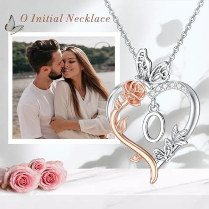 TOUPOP Gifts for Women Her 925 Sterling Silver Rose Heart Initial Necklace Butterfly Heart Jewelry Anniversary Birthday Gifts for Wife Girlfriend Mom - color: O Initial