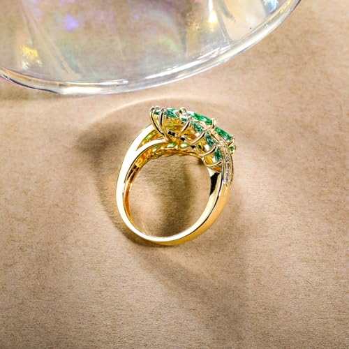 Statement Flower Ring Cocktail Leaf Ring Birthstone Anniversary Signet Ring | Hypoallergenic|14K Gold Plated|Sterling Silver Sparkling Engagement Promise Party Ring for Women, Size 6 to 10(With Box) - color: Leaf - Emerald