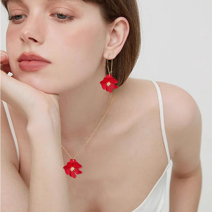 WCRAZYE Bohemian Daisy Flower Earrings Necklace Sets for Women Unique Trendy Boho Matte 3D Gold Flower Floral Petal Statement Earring Wedding Jewelry - color: Red