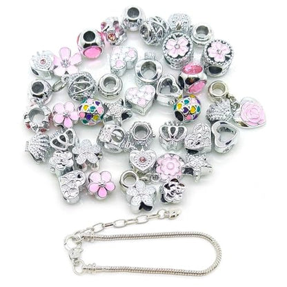 YIQIFLY Charm Bracelet Making Kit, 40 Silver Plated Beads with Pink Floral and Heart Designs (Pink) - color: Pink