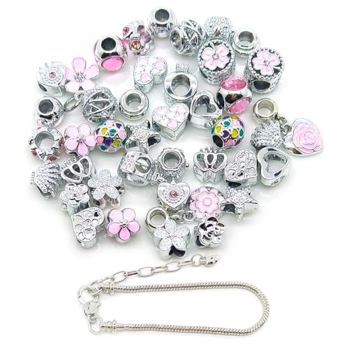 YIQIFLY Charm Bracelet Making Kit, 40 Silver Plated Beads with Pink Floral and Heart Designs (Pink) - color: Pink