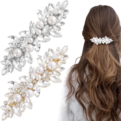 Joez Wonderful 2 Pcs Rhinestone Hair Clips, Pearl Bridal Hair Accessories for Women, Sparkly Crystal Hair Pins, Fancy Flower Hair Barrettes for Wedding, Bride (Gold, Silver) - color: Pearl (Gold, Silver)