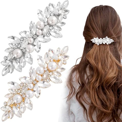 Joez Wonderful 2 Pcs Rhinestone Hair Clips, Pearl Bridal Hair Accessories for Women, Sparkly Crystal Hair Pins, Fancy Flower Hair Barrettes for Wedding, Bride (Gold, Silver) - color: Pearl (Gold, Silver)