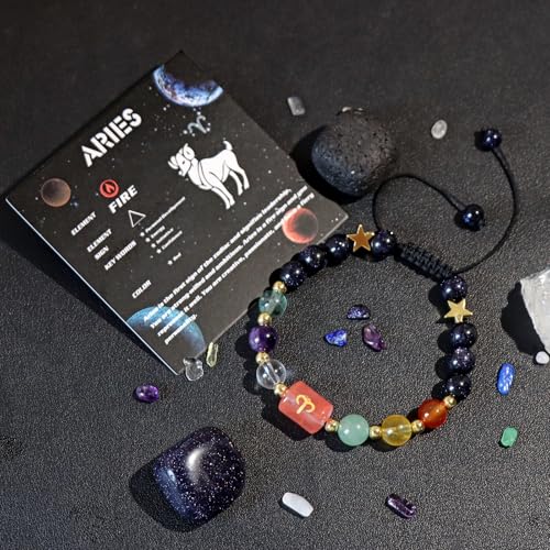 Zodiac Bracelets for Women 12 Constellations Healing Crystal Stone Beads Bracelet Birthday Zodiac Gifts Horoscope Spiritual Bracelet - color: Aries-2