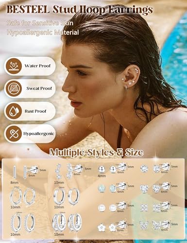 BESTEEL Hypoallergenic Flat Back Earrings - 14K Gold Plated Cartilage Earring Sets 20G Surgical Stainless Steel Earrings for Women Small Hoop Flatback Stud Earring Stacks Helix Conch Tragus Piercing Jewelry - color: Silver Plated
