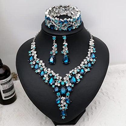 CSY Elegant Crystal Costume Jewelry Sets Flower Bridal Necklace Earrings Stretch Bangle Set for Bride Bridesmaid Wedding Dress Accessories - color: lake blue crystal-platinum tone