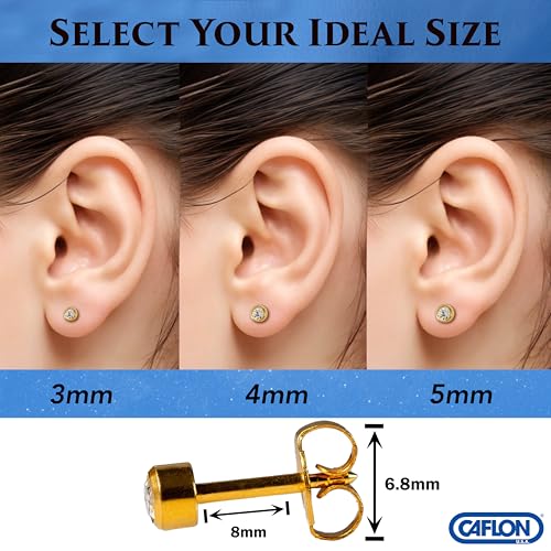 Caflon April Birthstone Stud Earrings - 12 Pairs Clear Crystal Studs, 3/4/5mm | Surgical Steel Starter & Piercing Studs, Sterilized & Individually Sealed | Hypoallergenic Nickel-Safe for Newly Pierced & Sensitive Ears - color: 24K Gold Plated, size: 4mm