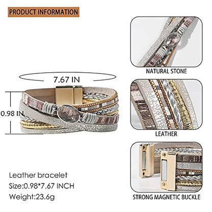 Vercret Leather Wrap Bracelet for Women, Multi-Layer Cuff Bangle | Boho Stacked Bracelets with Safe Clasp Western Bangle Jewelry Gift for Lady and Mom Sister Friend - style: Light Grey Leather Bracele