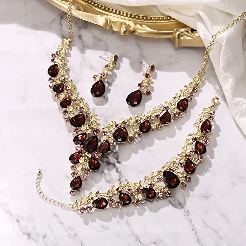 BriLove Women's Wedding Bridal Austrian Crystal Teardrop Flower Cluster Statement Necklace Dangle Earrings Jewelry Set for Party Prom - color: 3Pcs-Deep Amethyst Color Gold-Tone