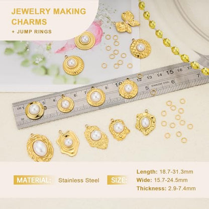 UMAOKANG 13pcs Artificial Pearl Charms for Jewelry Making Gold Plated Stainless Steel Bulk Charms with 20pcs Jump Rings - color: Pearl Gold