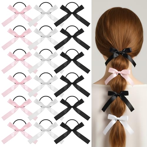 18PCS Silky Satin Hair Bows Ties for Girls, Bowknot Ribbon Ponytail Holders, Ribbon Hair Bows for Women Girls, Elastics Hairscrunchies for Thick Thin, Elastic Hairbands(White/Black/Pink)