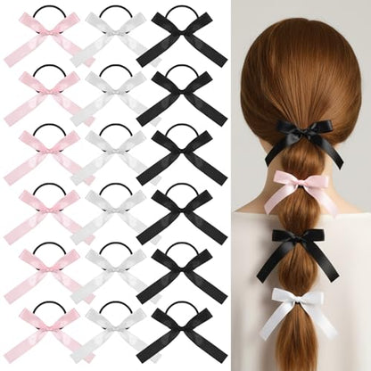 18PCS Silky Satin Hair Bows Ties for Girls, Bowknot Ribbon Ponytail Holders, Ribbon Hair Bows for Women Girls, Elastics Hairscrunchies for Thick Thin, Elastic Hairbands(White/Black/Pink)