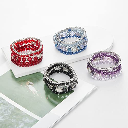 Noessla Beaded Pearl Stretch Bracelet Silver Stackable Crystal Beads Bracelets Trendy Costume Jewelry Mothers Day Gifts for Women - color: Blue