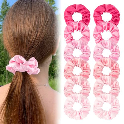 Satin Scrunchies Set of 12 - Elastic Silk Bubble for Girls, Pink Hair Accessories and Valentine's Day Gifts - color: Pink