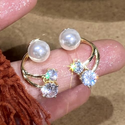 Boho Pearl Ear Jacket Earrings Gold Pearl Stud Earrings Crystal Front Back Earrings Sparkly Cz Wrap Earrings Jewelry for Women - color: Gold