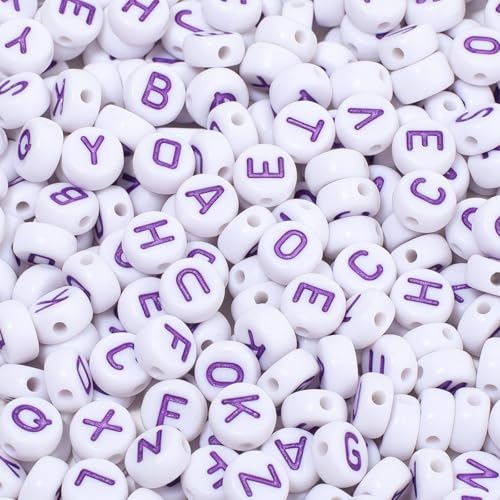 1000Pcs Acrylic White Letter Beads Alphabet Colorful Letter Purple Round Beads for Friendship Bracelets and Gifts Souvenir Jewelry Making(4 * 7mm Round) - color: White Purple(Round)