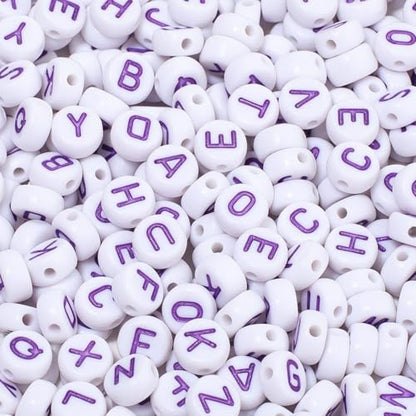 1000Pcs Acrylic White Letter Beads Alphabet Colorful Letter Purple Round Beads for Friendship Bracelets and Gifts Souvenir Jewelry Making(4 * 7mm Round) - color: White Purple(Round)