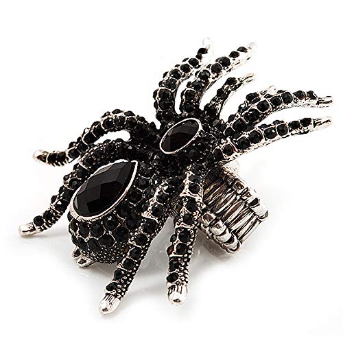 Avalaya Oversized Jet Black Crystal Spider Stretch Cocktail Ring (Silver Tone)