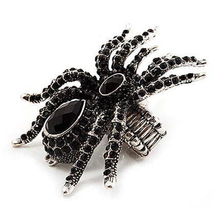Avalaya Oversized Jet Black Crystal Spider Stretch Cocktail Ring (Silver Tone)