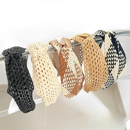 i-lan 3Pack Boho Rattan Woven Headbands, Comfy Wide Head Bands with Three Classical Black,Brown and Beige Hairband, Boho Padded Hair Band Headwear Hoop for Girls, Ladies, Women