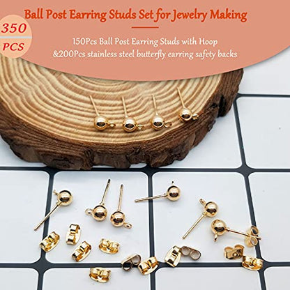 150Pcs Ball Post Earring Studs for Jewelry Making,Earring Studs Ball Post Earrings with Loop with 200Pcs Butterfly Earrings Back Replacements for DIY Jewelry Making Findings(KC Gold) - color: KC Gold