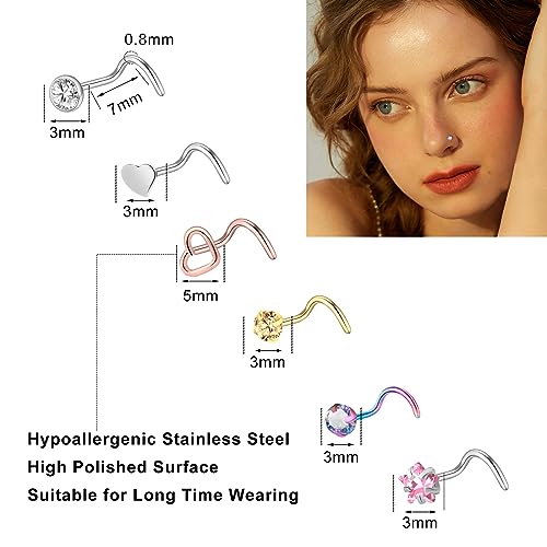 36-44 Pcs 18G 20G Nose Rings Studs Nose Rings for Women Nose Piercings Jewelry Surgical Stainless Steel Nose Studs Moon Star Heart Butterfly Hypoallergenic Body Piercing Jewelry for Women Men - color: 20G Colorful A-Screw- 44 Pcs