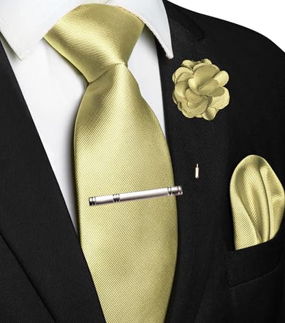 JEMYGINS Formal Necktie Solid Color Tie and Pocket Square with Tie Clip Lapel Pin Sets for Men 4PCS - color: Light Yellow