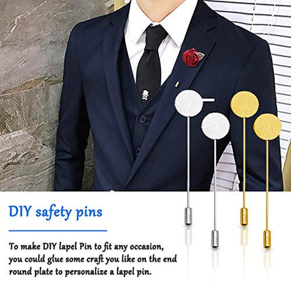 60Pcs Flat Round Tray Lapel Pin,Stainless Steel Safety Pins Stick Pins Brooch Pin Needle Suit Tie Hat pin Scarf Badge for DIY Costume Jewelry Making Accessories - color: Gold, Silver