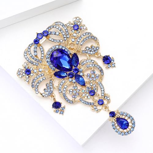 YOQUCOL Retro Austrian Crystal Big Brooch Pin for Women Large Flower Shape Brooches Lapel Pins for Sweater,Coat Dress Accessories - color: A-Blue