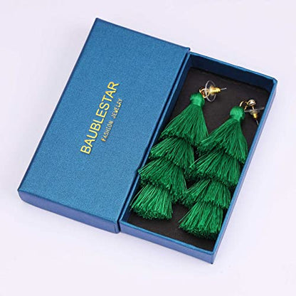 BaubleStar Bohemian Layered Tassel Drop Earrings for Women | Lightweight Statement Party Festival Jewelry - color: Forest Green