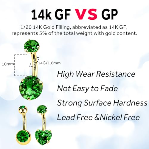 2pcs 14k Gold Filled Belly Button Rings, 14G 8mm/10mm/12mm Threaded Barbell Belly Button Piercing, Navel Ring Piercing Jewelry - color: 14K GF-2pcs-Green Round CZ-10mm