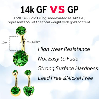 2pcs 14k Gold Filled Belly Button Rings, 14G 8mm/10mm/12mm Threaded Barbell Belly Button Piercing, Navel Ring Piercing Jewelry - color: 14K GF-2pcs-Green Round CZ-10mm