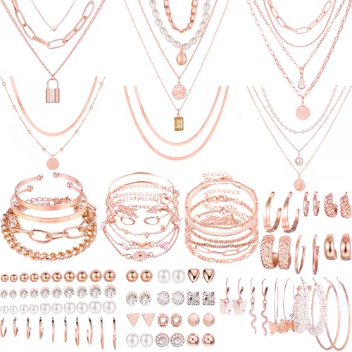 NEWITIN 69 Pieces Gold Jewelry Set for Women Fashion Costume Jewelry Gold Plated Necklace Bracelet Earrings Set for Women - color: Rose Gold Jewelry Set