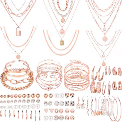 NEWITIN 69 Pieces Gold Jewelry Set for Women Fashion Costume Jewelry Gold Plated Necklace Bracelet Earrings Set for Women - color: Rose Gold Jewelry Set