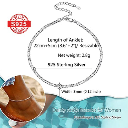 PROSILVER 925 Sterling Silver Ankle Bracelets For Women, Stylish Chain Anklets, Summer Beach Jewelry, 8.6-10.6 Inch Adjustable, Come with Box - style: 02 Cuban Anklet-3mm