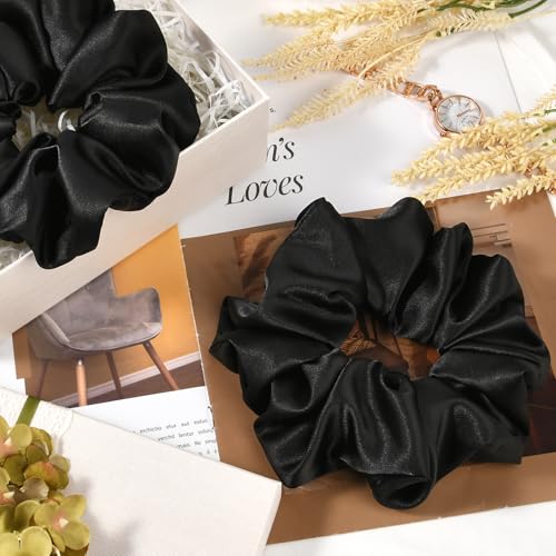 2 PCS Black Jumbo Satin Silky Scrunchies 6.5 Inches Oversized Scrunchie Extra Large Big Hair Ties Ponytail Holder for Thick Curly Hair Women (Black) - color: Black