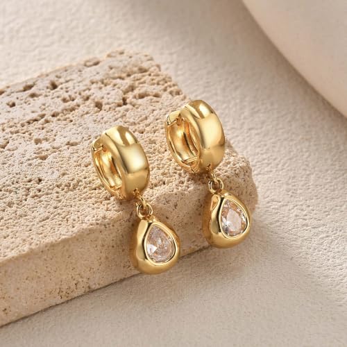 Gold Chunky Dangle Earrings for Women, Bezel Set Cubic Zirconia Charm | 14K Gold Silver Plated, Statement Huggie Hoops Drop Earrings, Trendy Jewelry Gifts, High Grade CZ, Hypoallergenic Lightweight - color: GD-Teardrop CZ Hoop