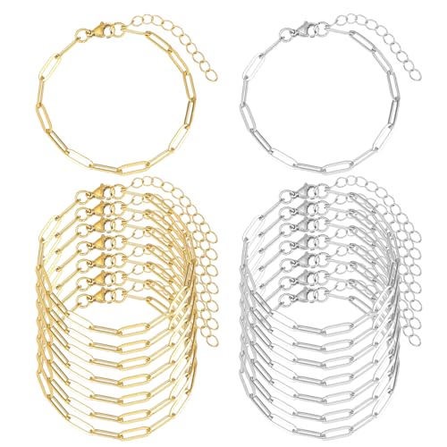 16 Pack Charm Bracelet Chain Bulk Gold Plated Stainless Steel Paperclip Chains Bracelets for DIY Jewelry Making - color: Gold and Silver